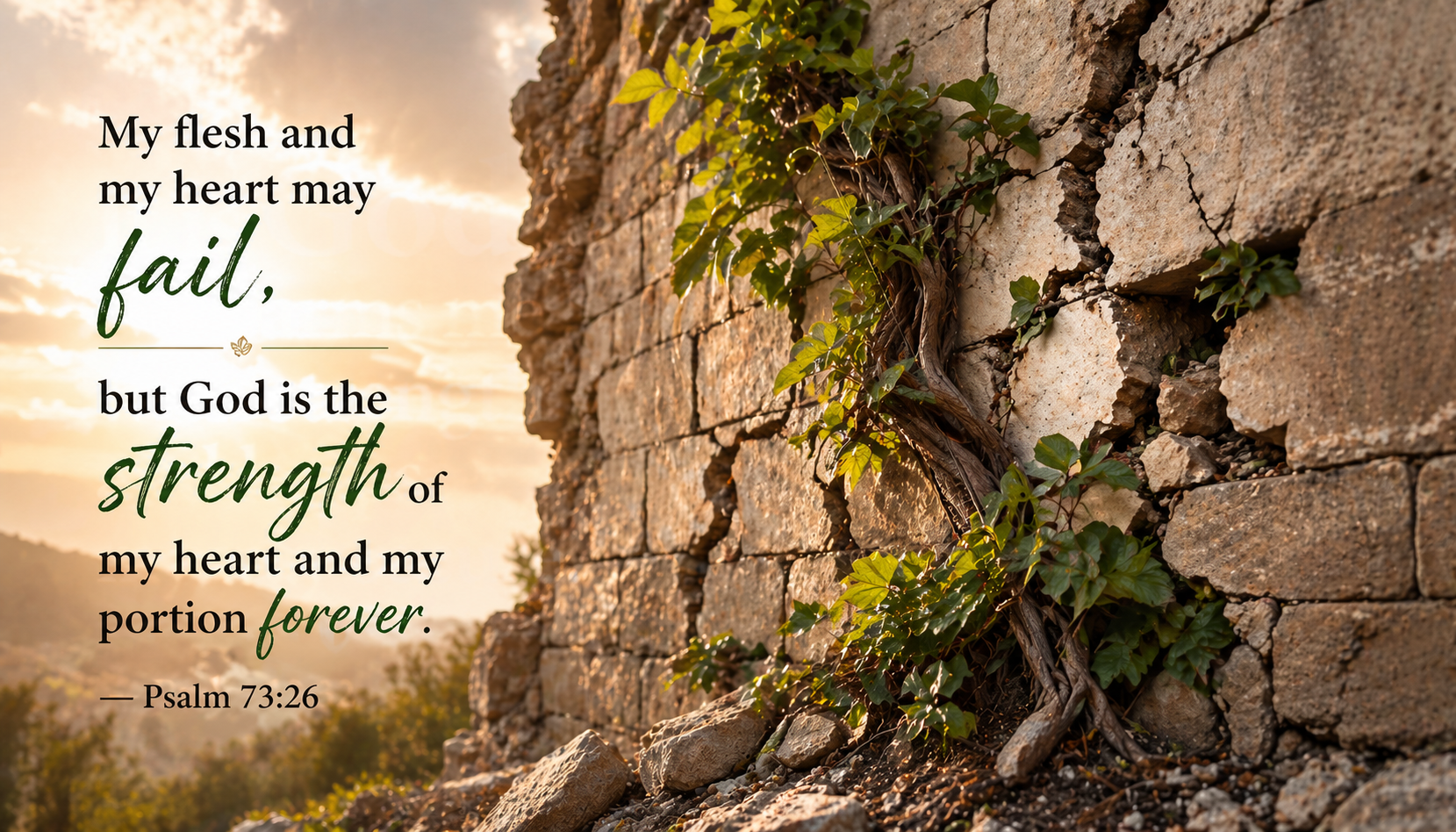 Psalm 73:26 — God Is the Strength of My Heart | Vine Through Stone Wall Wallpaper